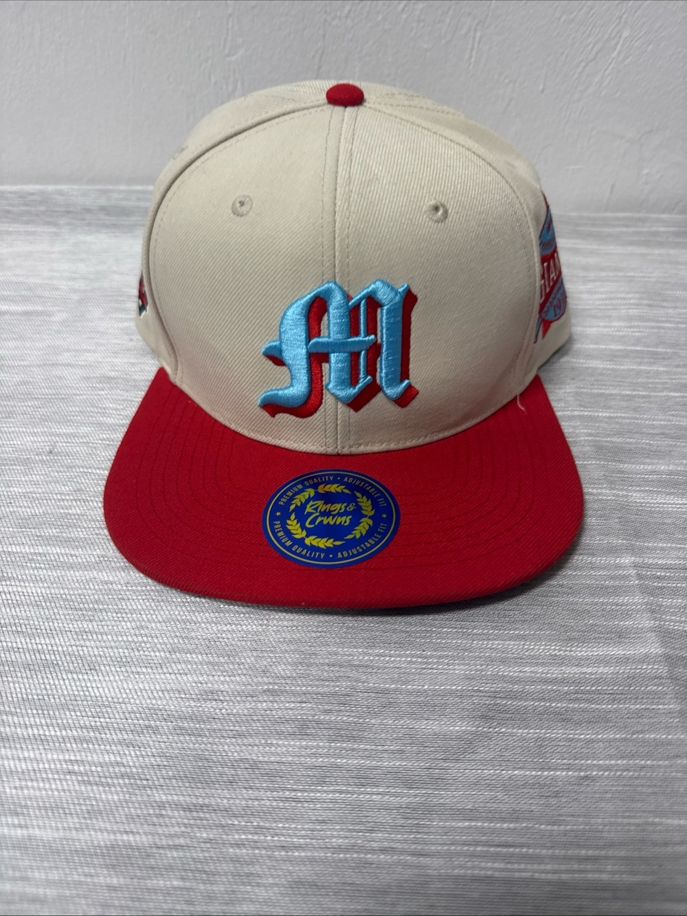 Cream and Red Baseball Cap with Blue Embroidered 'M' Miami Giants